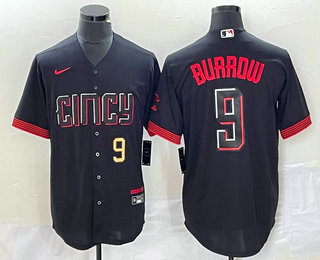 Men's Cincinnati Reds #9 Joe Burrow Number Black 2023 City Connect Cool Base Stitched Baseball Jersey 01