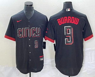 Men's Cincinnati Reds #9 Joe Burrow Number Black 2023 City Connect Cool Base Stitched Baseball Jersey 02