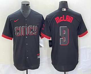 Men's Cincinnati Reds #9 Matt McLain Black 2023 City Connect Cool Base Stitched Jersey 01