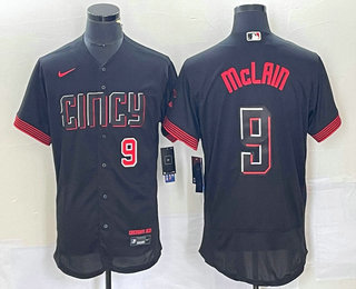 Men's Cincinnati Reds #9 Matt McLain Number Black 2023 City Connect Flex Base Stitched Jersey 01