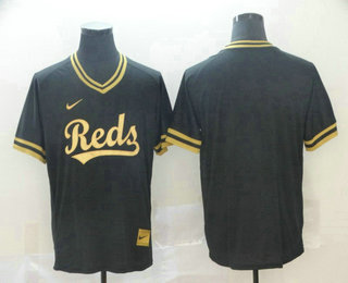 Men's Cincinnati Reds Blank Black Gold Nike Cooperstown Legend V Neck Jersey