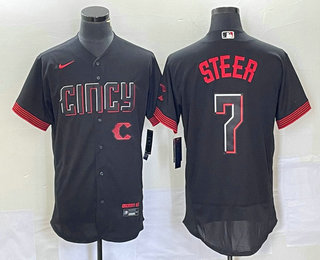 Men's Cincinnati Reds Spencer Steer Black 2023 City Connect Flex Base Stitched Jersey 01