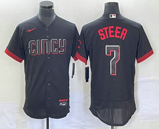 Men's Cincinnati Reds Spencer Steer Black 2023 City Connect Flex Base Stitched Jersey 02