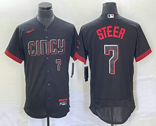 Men's Cincinnati Reds Spencer Steer Number Black 2023 City Connect Flex Base Stitched Jersey 01