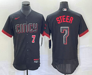 Men's Cincinnati Reds Spencer Steer Number Black 2023 City Connect Flex Base Stitched Jersey 02