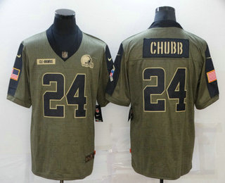 Men's Cleveland Browns #24 Nick Chubb 2021 Olive Salute To Service Limited Stitched Jersey