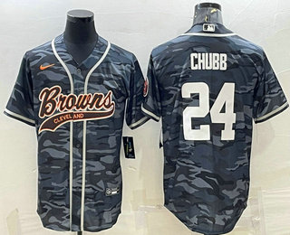 Men's Cleveland Browns #24 Nick Chubb Grey Camo With Patch Cool Base Stitched Baseball Jersey