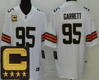 Men's Cleveland Browns #95 Myles Garrett Limited White 2022 Captain Patch Vapor Jersey