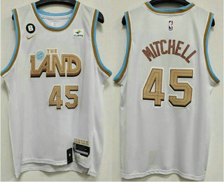 Men's Cleveland Cavaliers #45 Donovan Mitchell 2023 White City Edition With 6 Patch Stitched Jersey With Sponsor