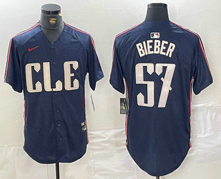 Men's Cleveland Guardians #22 Shane Bieber Navy 2024 City Connect Limited Stitched Jersey