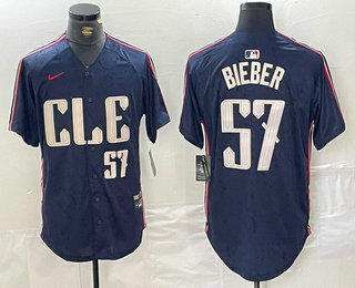 Men's Cleveland Guardians #22 Shane Bieber Number Navy 2024 City Connect Limited Stitched Jersey