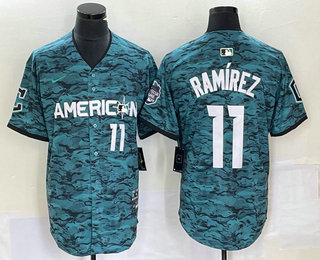 Men's Cleveland Indians #11 Jose Ramirez Number Teal 2023 All Star Cool Base Stitched Jersey 01