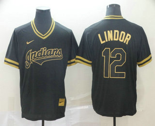 Men's Cleveland Indians #12 Francisco Lindor Black Gold Nike Cooperstown Legend V Neck Jersey