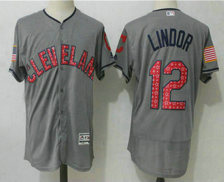 Men's Cleveland Indians #12 Francisco Lindor Gray 2017 Stars & Stripes Stitched MLB Majestic Flex Base Jersey