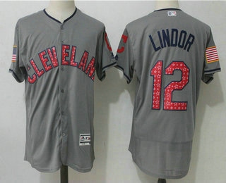 Men's Cleveland Indians #12 Francisco Lindor Grey Stars & Stripes Fashion Independence Day Stitched MLB Majestic Flex Base Jersey