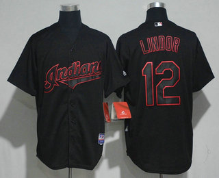 Men's Cleveland Indians #12 Francisco Lindor Lights Out Black Pinstripe Stitched MLB Majestic Cool Base Jersey