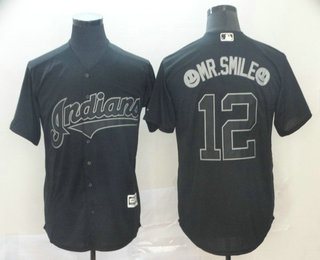 Men's Cleveland Indians #12 Francisco Lindor Mr. Smile Black 2019 Players' Weekend Stitched Nickname Jersey