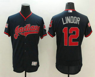 Men's Cleveland Indians #12 Francisco Lindor Navy Blue Fashion Stars & Stripes 2016 Flexbase MLB Independence Day Jersey