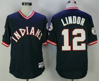 Men's Cleveland Indians #12 Francisco Lindor Navy Blue Pullover Majestic 1976 Turn Back the Clock Jersey