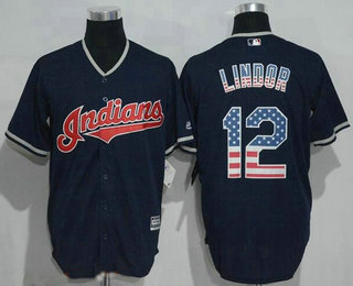 Men's Cleveland Indians #12 Francisco Lindor Navy Blue Stitched MLB USA Flag Fashion Jersey