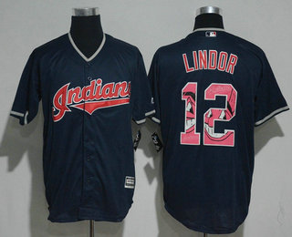 Men's Cleveland Indians #12 Francisco Lindor Navy Blue Team Logo Ornamented Stitched MLB Majestic Cool Base Jersey