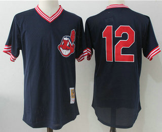 Men's Cleveland Indians #12 Francisco Lindor Navy Blue Throwback Mesh Batting Practice Stitched MLB Mitchell & Ness Jersey