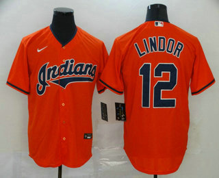 Men's Cleveland Indians #12 Francisco Lindor Orange Stitched MLB Cool Base Nike Jersey