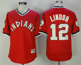 Men's Cleveland Indians #12 Francisco Lindor Red Cooperstown Collection Stitched MLB Throwback Jersey By Mitchell & Ness