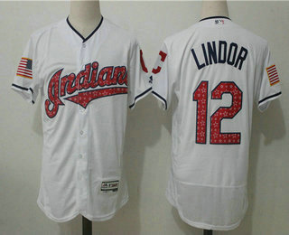 Men's Cleveland Indians #12 Francisco Lindor White Stars & Stripes Fashion Independence Day Stitched MLB Majestic Flex Base Jersey