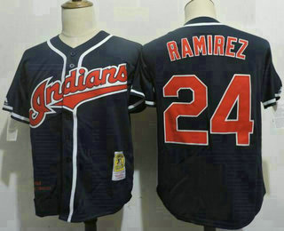 Men's Cleveland Indians #24 Manny Ramirez Navy Blue Throwback Jersey