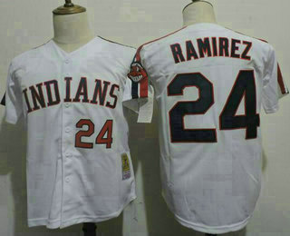 Men's Cleveland Indians #24 Manny Ramirez White Throwback Jersey