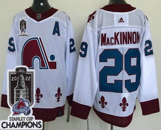 Men's Colorado Avalanche #29 Nathan MacKinnon White 2021 Reverse Retro 2022 Stanley Cup Champions Stitched Jersey