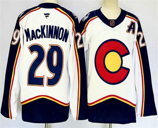 Men's Colorado Avalanche #29 Nathan MacKinnon White 2024 With A Patch Reverse Retro Stitched Jersey