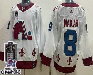 Men's Colorado Avalanche #8 Cale Makar White 2021 Reverse Retro 2022 Stanley Cup Champions Stitched Jersey