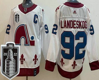Men's Colorado Avalanche #92 Gabriel Landeskog White 2021 Reverse Retro 2022 Stanley Cup Stitched Jersey