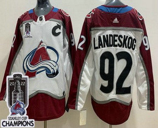 Men's Colorado Avalanche #92 Gabriel Landeskog White 2022 Stanley Cup Champions Stitched Jersey