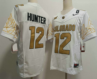 Men's Colorado Buffaloes #12 Travis Hunter White Gold With XII Patch FUSE College Stitched Jersey