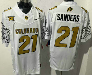 Men's Colorado Buffaloes #21 Shedeur Sanders White Gold With D Patch FUSE Vapor Stitched Jersey