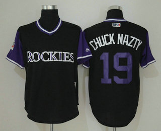 Men's Colorado Rockies #19 Charlie Blackmon Chuck Nazty Black 2018 LLWS Players Weekend Stitched Nickname Jersey