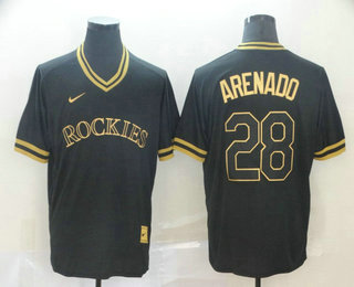 Men's Colorado Rockies #28 Nolan Arenado Black Gold Nike Cooperstown Legend V Neck Jersey