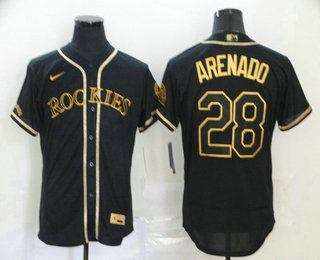 Men's Colorado Rockies #28 Nolan Arenado Black With Gold Stitched MLB Flex Base Nike Jersey