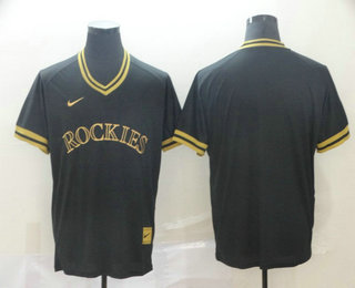 Men's Colorado Rockies Blank Black Gold Nike Cooperstown Legend V Neck Jersey