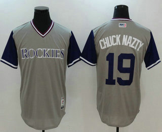 Men's Colorado Rockies Charlie Blackmon #19 Chuck Nazty Majestic Gray 2017 Little League World Series Players Weekend Stitched Nickname Jersey