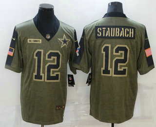 Men's Dallas Cowboys #12 Roger Staubach 2021 Olive Salute To Service Limited Stitched Jersey