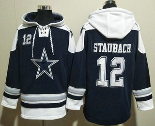 Men's Dallas Cowboys #12 Roger Staubach Navy Blue Ageless Must Have Lace Up Pullover Hoodie