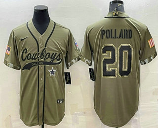 Men's Dallas Cowboys #20 Tony Pollard 2022 Olive Salute to Service Cool Base Stitched Baseball Jersey