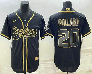 Men's Dallas Cowboys #20 Tony Pollard Black Gold With Patch Cool Base Stitched Baseball Jersey