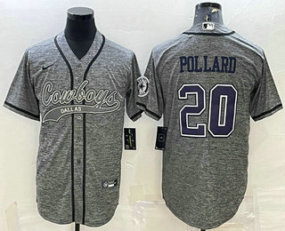 Men's Dallas Cowboys #20 Tony Pollard Grey Gridiron With Patch Cool Base Stitched Baseball Jersey