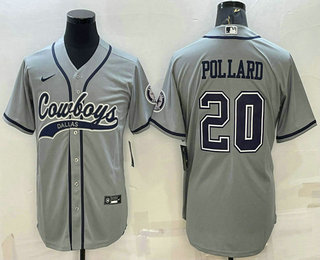 Men's Dallas Cowboys #20 Tony Pollard Grey With Patch Cool Base Stitched Baseball Jersey