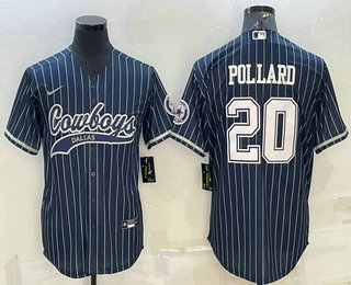 Men's Dallas Cowboys #20 Tony Pollard Navy Blue Pinstripe With Patch Cool Base Stitched Baseball Jersey